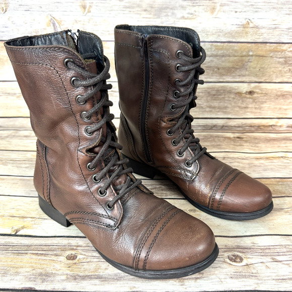Steve Madden Womens Brown Leather Cap Toe Troopa Combat Boots Size 8M - Picture 1 of 9